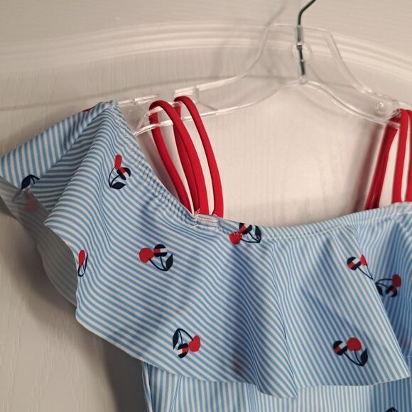 Seersucker Stripe and Cherry Print Off Shoulder Swimsuit Girls - Picture 2 of 4